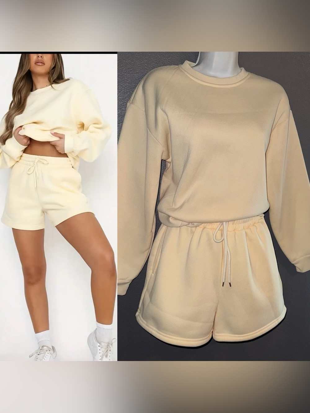Womens Two Piece Matching Butter Yellow Loungewear Set Sweatshirt Shorts Medium